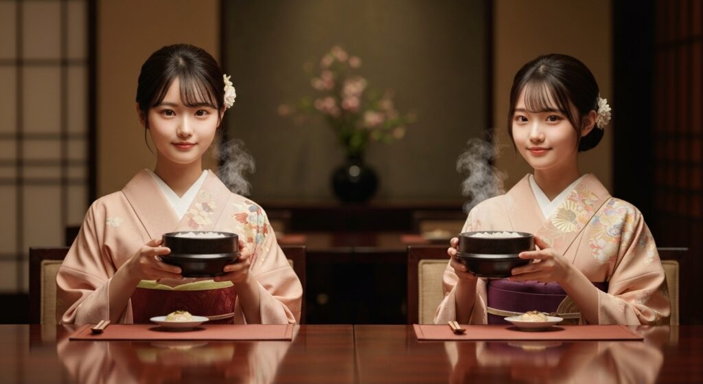 기모노를 입고 일본 동경 시내 호화스러운 식당에서 국밥을 먹고 있는 아름다운 미모의 일본인 10대 여성들