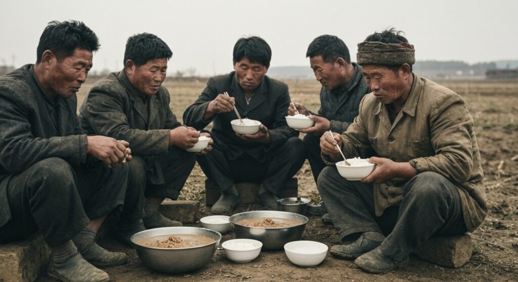 된장국에 밥을 말아먹는 북한 농부들