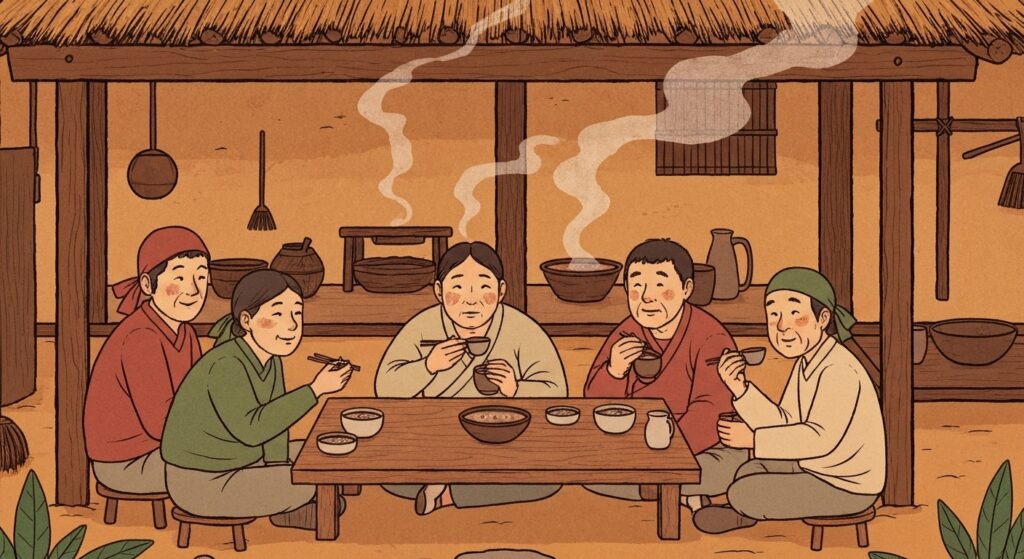 메밀국밥을 먹고 있는 화전민들