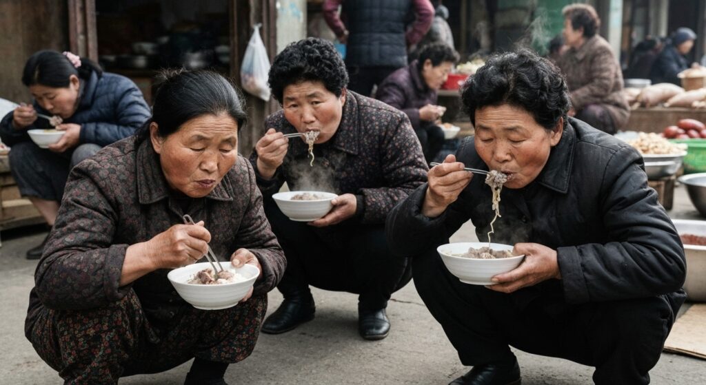 북한 평안도 사람들이 쪼그리고 앉아서 장국밥을 먹고 있다