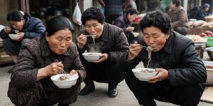 북한 평안도 사람들이 쪼그리고 앉아서 장국밥을 먹고 있다