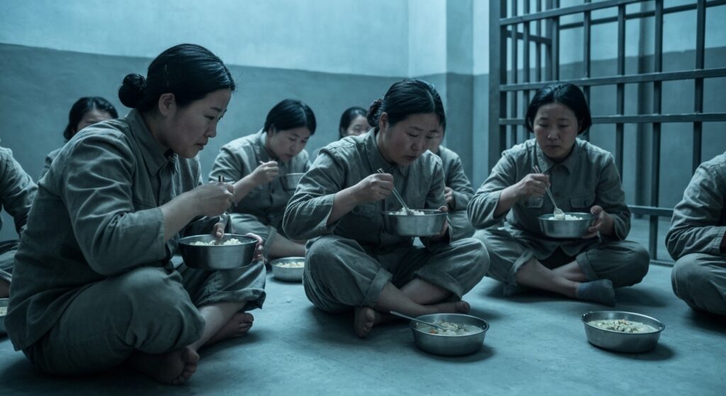 북한의 감옥에서 국밥을 먹고 있는 북한 여자 죄수들