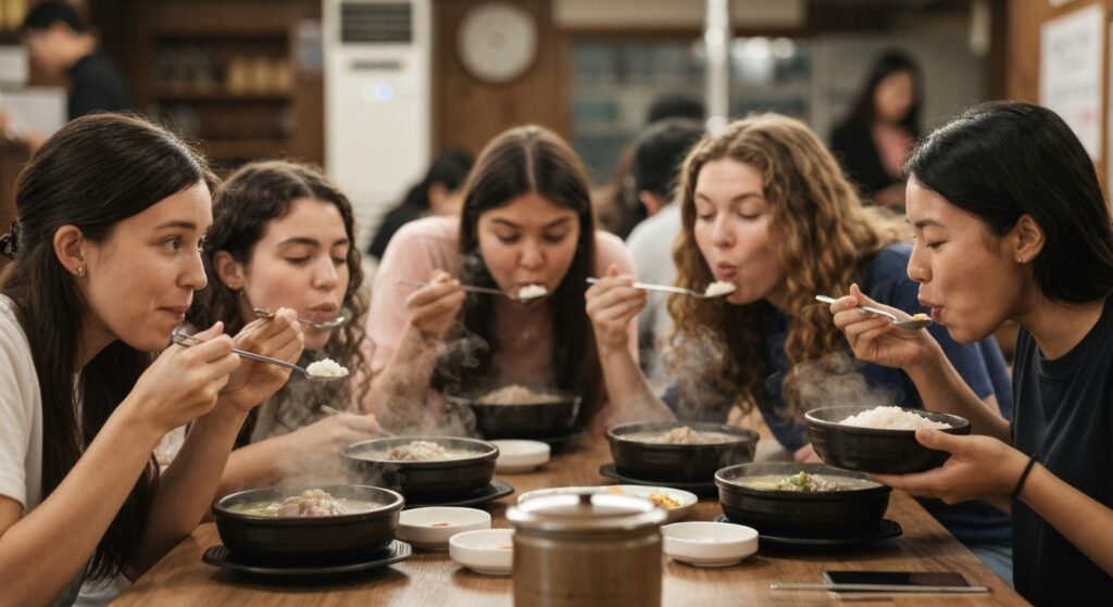 사발에 담긴 돼지국밥을 먹는 여러 외국인 소녀들