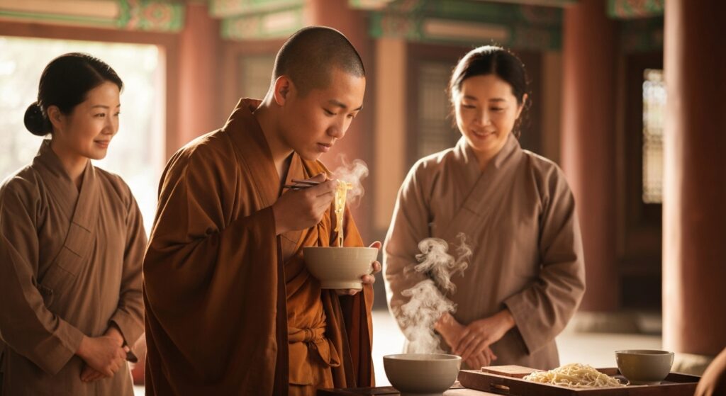 사찰에서-국수를-먹고있는-20대-승려와-30대-40대-승복을-입고-있는-여성들