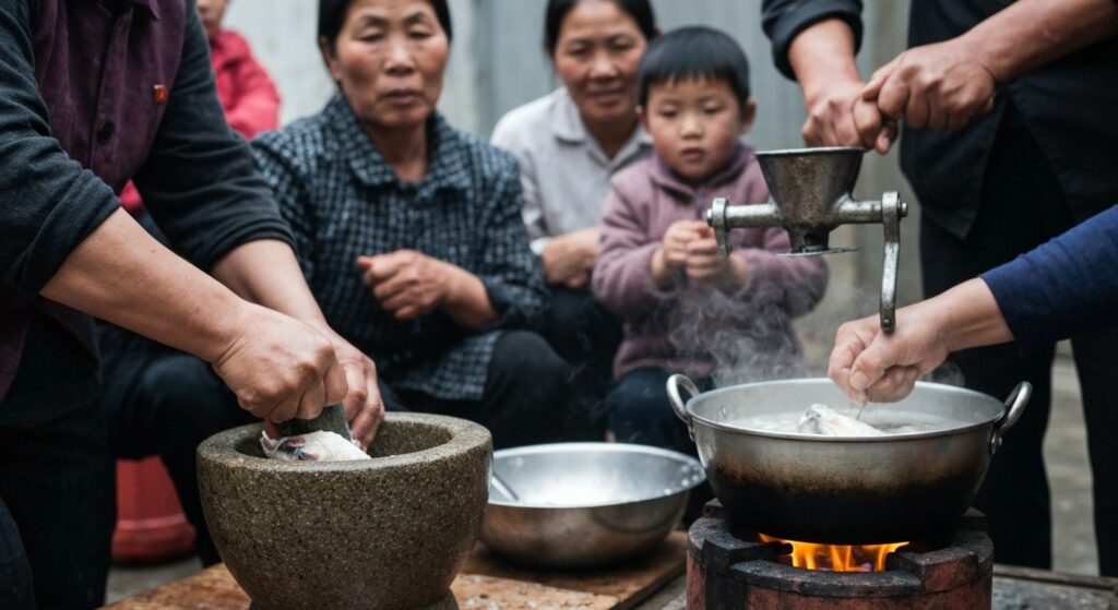 생선을 갈아서 죽으로 만들어먹는 평양 시민들
