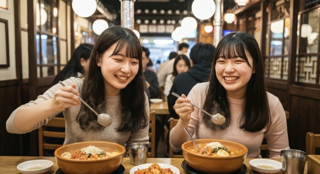 서울의 번화한 식당가에서 국밥을 먹고 있는 아름다운 미모의 일본인 10대 여성관광객들