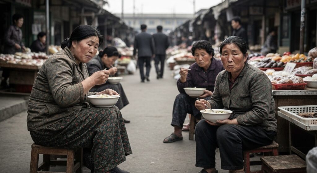 장터 여기저기에서 국밥을 먹고 있는 불쌍한 북한 여성들