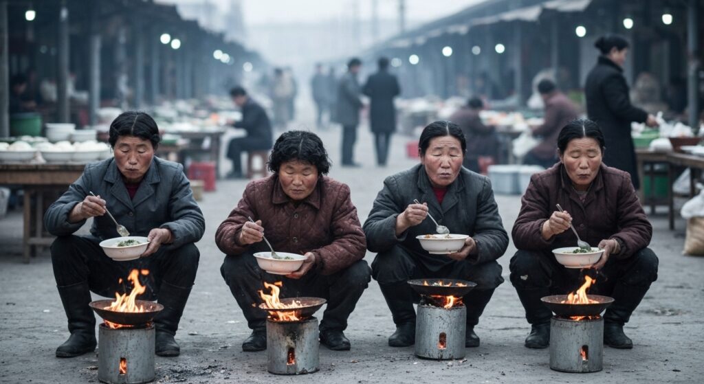 장터 여기저기에서 군불을 때면서 국밥을 먹고 있는 불쌍한 북한 여성들